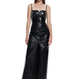 Khela parlak kumaş askılı derin yırtmaçlı maksi elbise