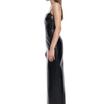 Khela parlak kumaş askılı derin yırtmaçlı maksi elbise