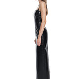 Khela parlak kumaş askılı derin yırtmaçlı maksi elbise