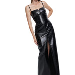 Khela parlak kumaş askılı derin yırtmaçlı maksi elbise