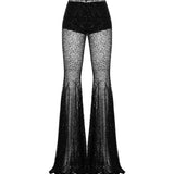 Siyah ispanyol paça biye kemerli transparan pantolon