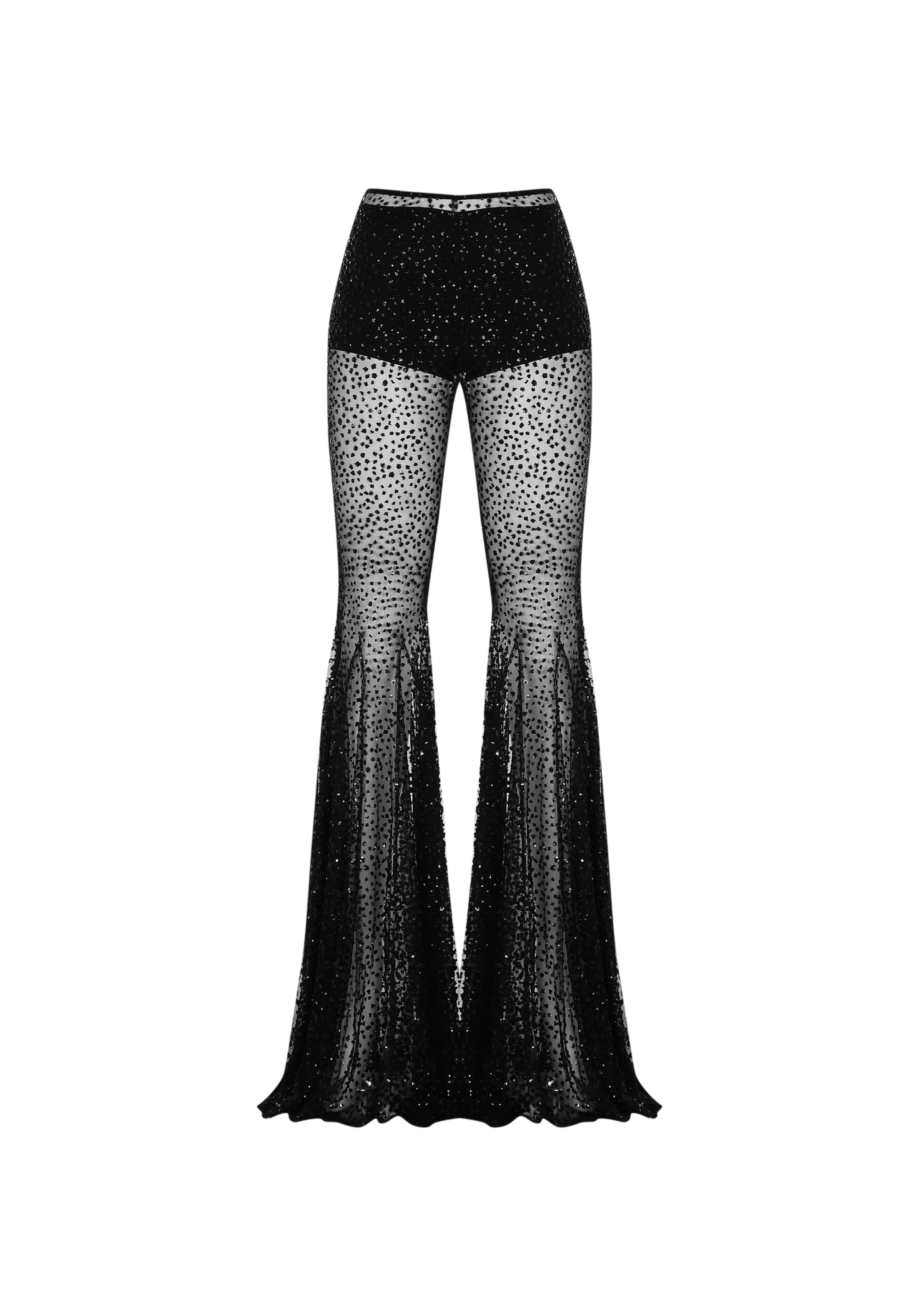 Siyah ispanyol paça biye kemerli transparan pantolon