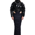 Khela siyah parlak deri görünümlü, metal tokalı dik yaka ceket