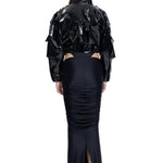 Khela siyah parlak deri görünümlü, metal tokalı dik yaka ceket