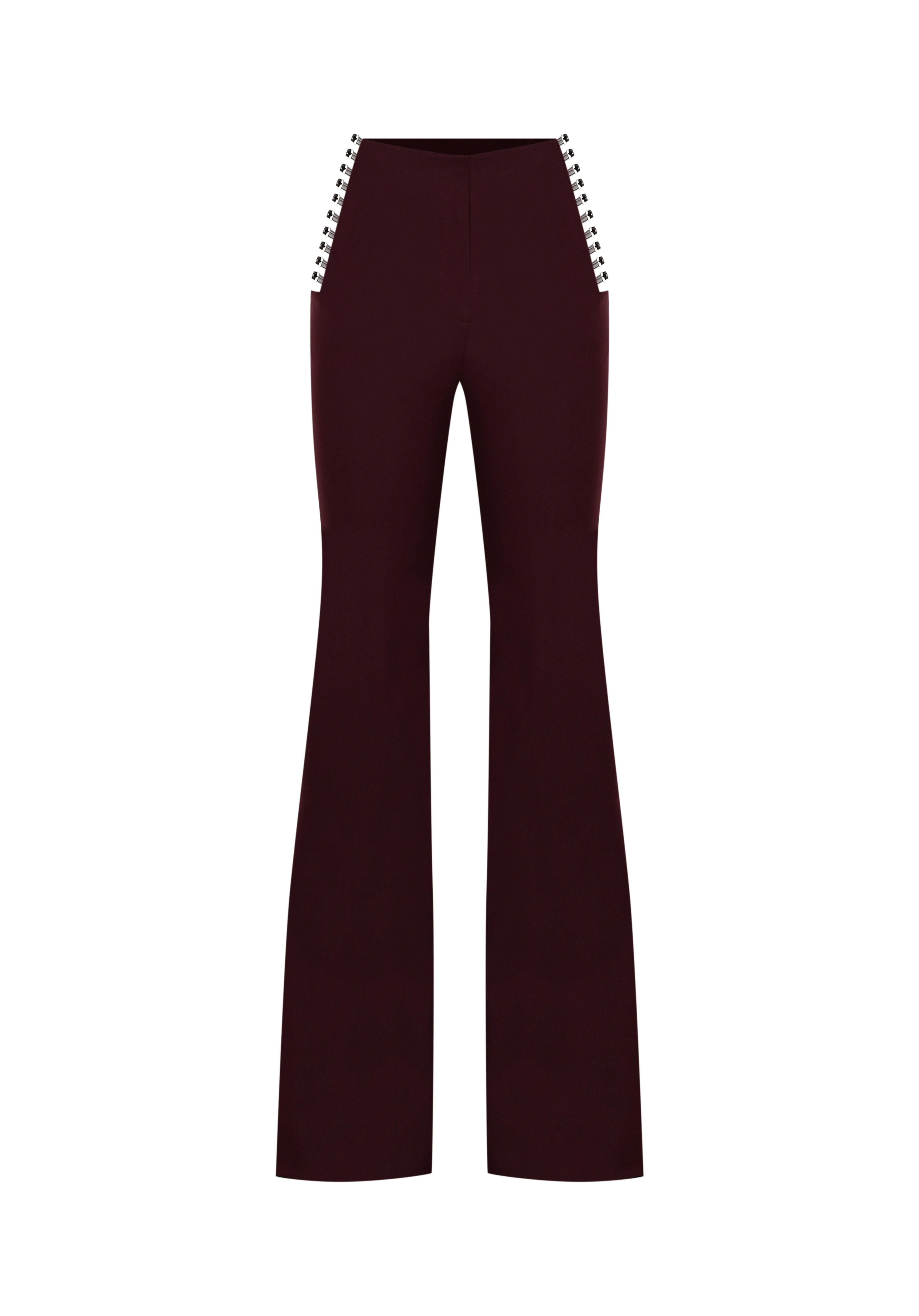 Bordo flare kalıp kemer ve pencere detaylı pantolon