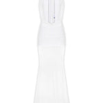 Beyaz tül kumaş büzgü detaylı göğüs dekolteli transparan maksi elbise