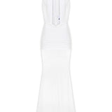 Beyaz tül kumaş büzgü detaylı göğüs dekolteli transparan maksi elbise