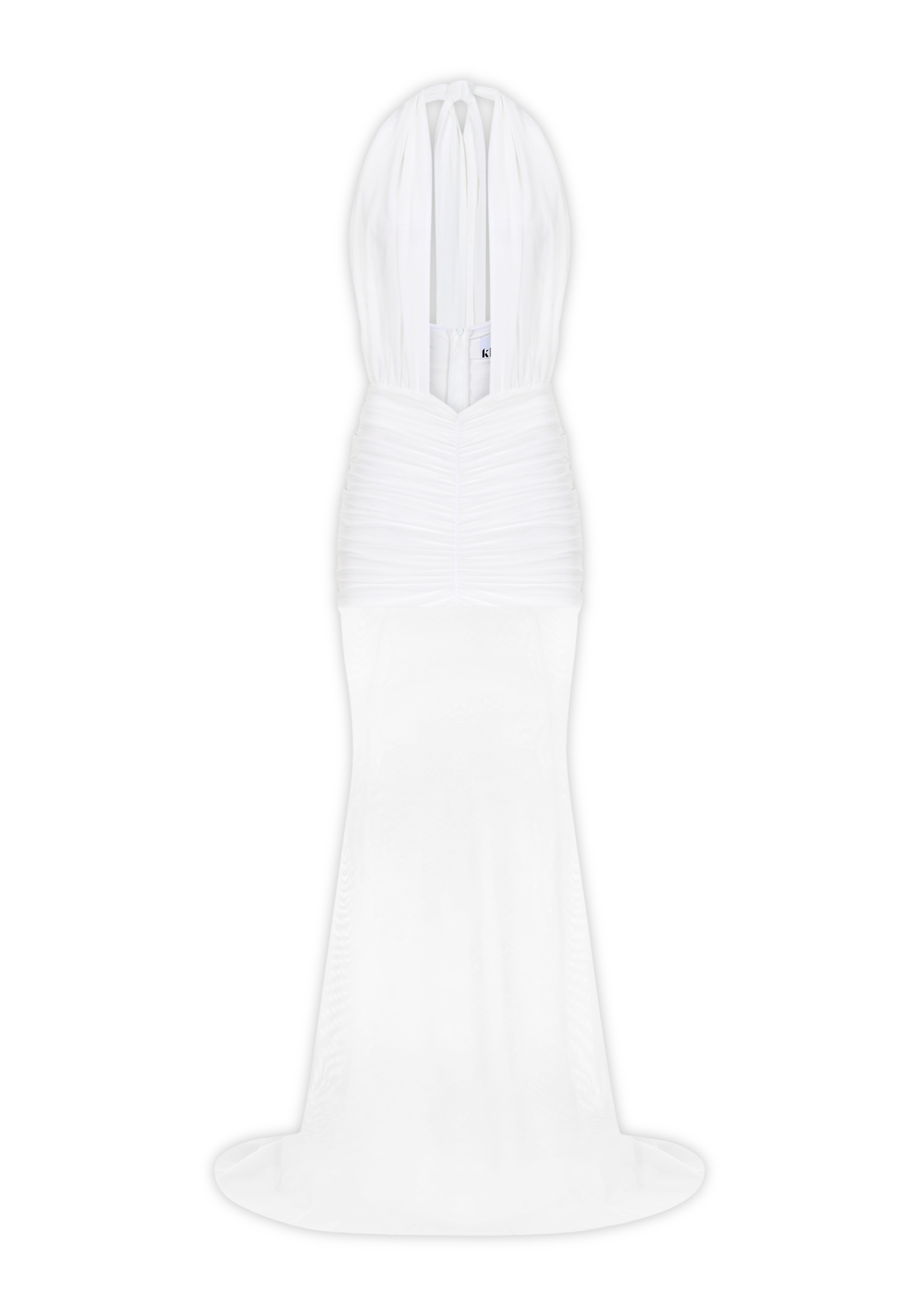 Beyaz tül kumaş büzgü detaylı göğüs dekolteli transparan maksi elbise