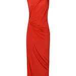 Kırmızı tek omuz düğüm detaylı derin yırtmaçlı plaj elbisesi