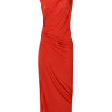 Kırmızı tek omuz düğüm detaylı derin yırtmaçlı plaj elbisesi