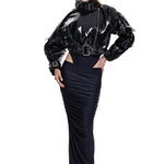 Khela siyah parlak deri görünümlü, metal tokalı dik yaka ceket