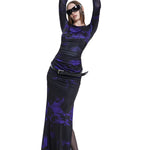 Khela mor siyah desen baskılı kayık yaka drape detaylı maksi elbise