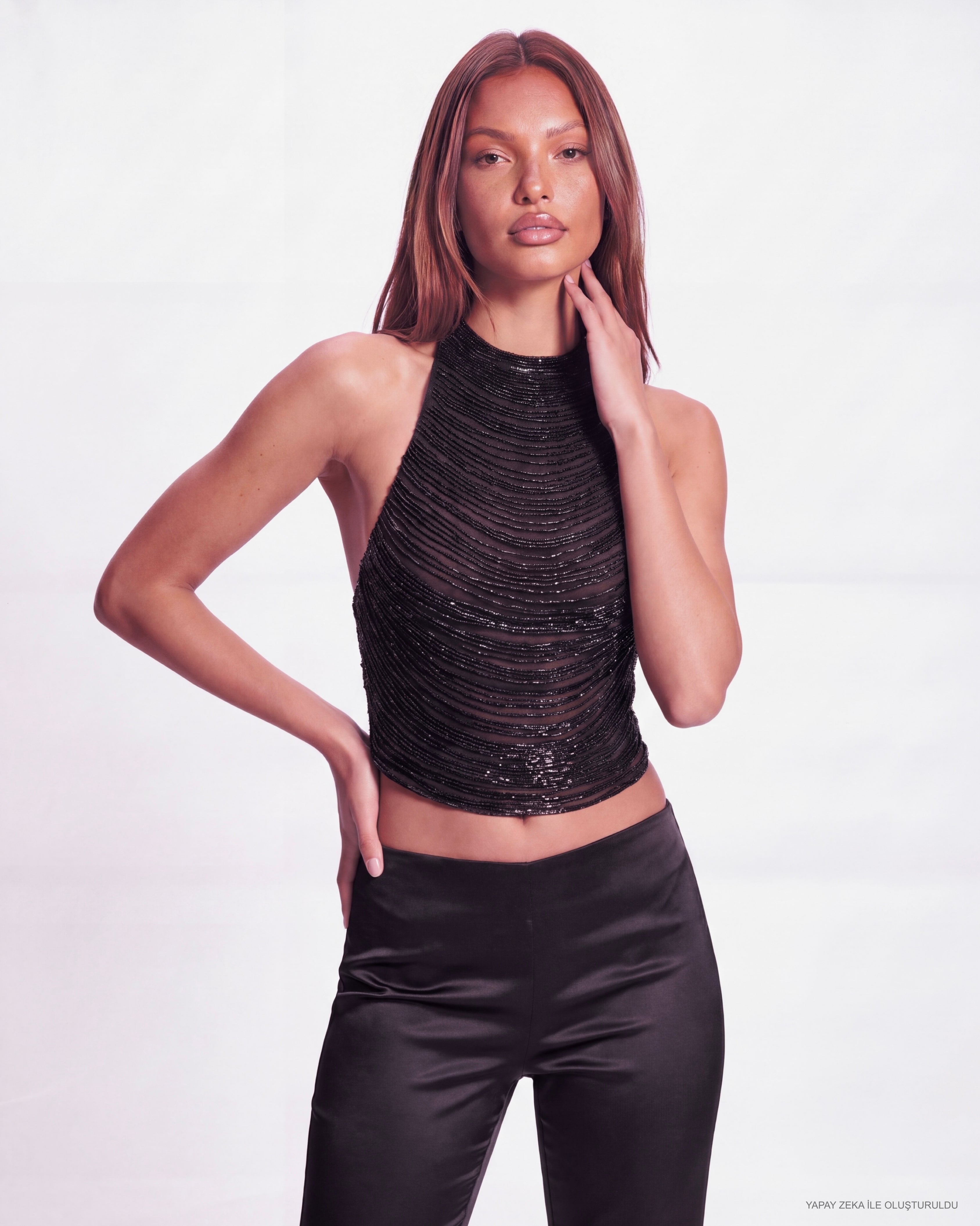 Khela High Maintenance Top kristal boncuk işlemeli, katmanlı halter yaka ve açık sırt detaylı kadın top