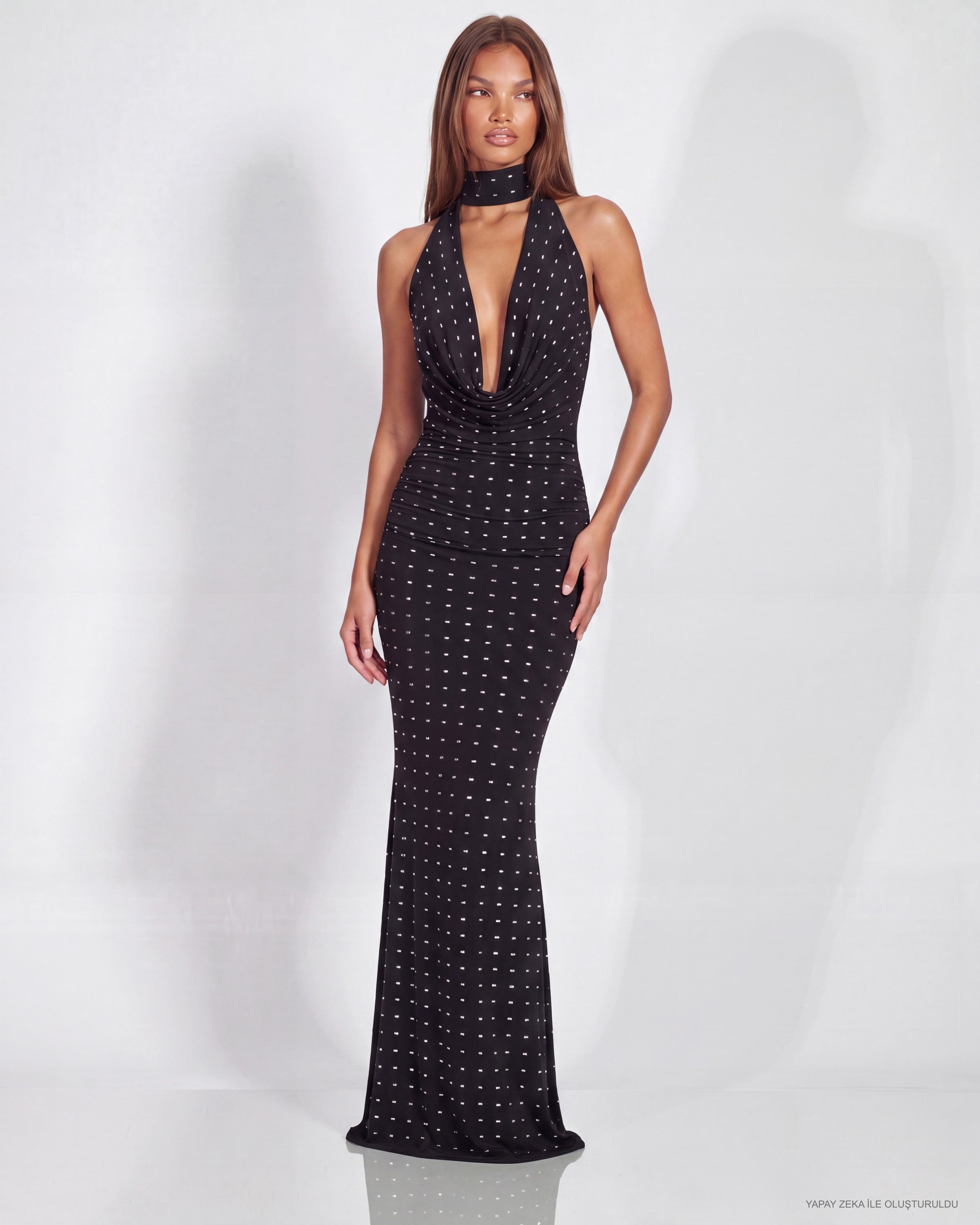 Khela Obsessed With Me Maxi Dress siyah degaje yaka açık sırt zımba detaylı maksi elbise