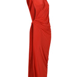Kırmızı tek omuz düğüm detaylı derin yırtmaçlı plaj elbisesi