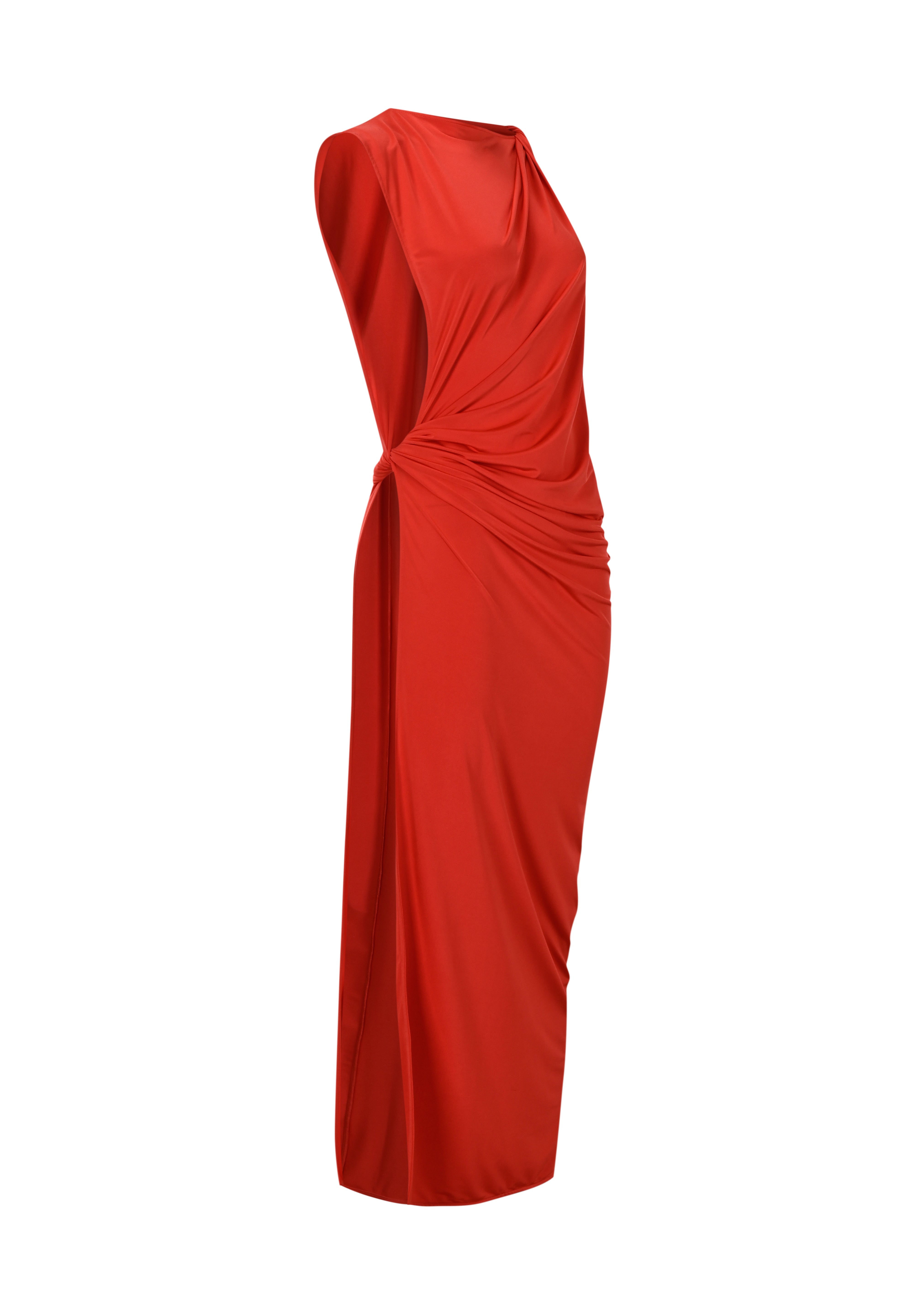 Kırmızı tek omuz düğüm detaylı derin yırtmaçlı plaj elbisesi