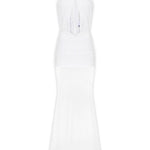 Beyaz tül kumaş büzgü detaylı göğüs dekolteli transparan maksi elbise