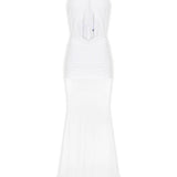 Beyaz tül kumaş büzgü detaylı göğüs dekolteli transparan maksi elbise