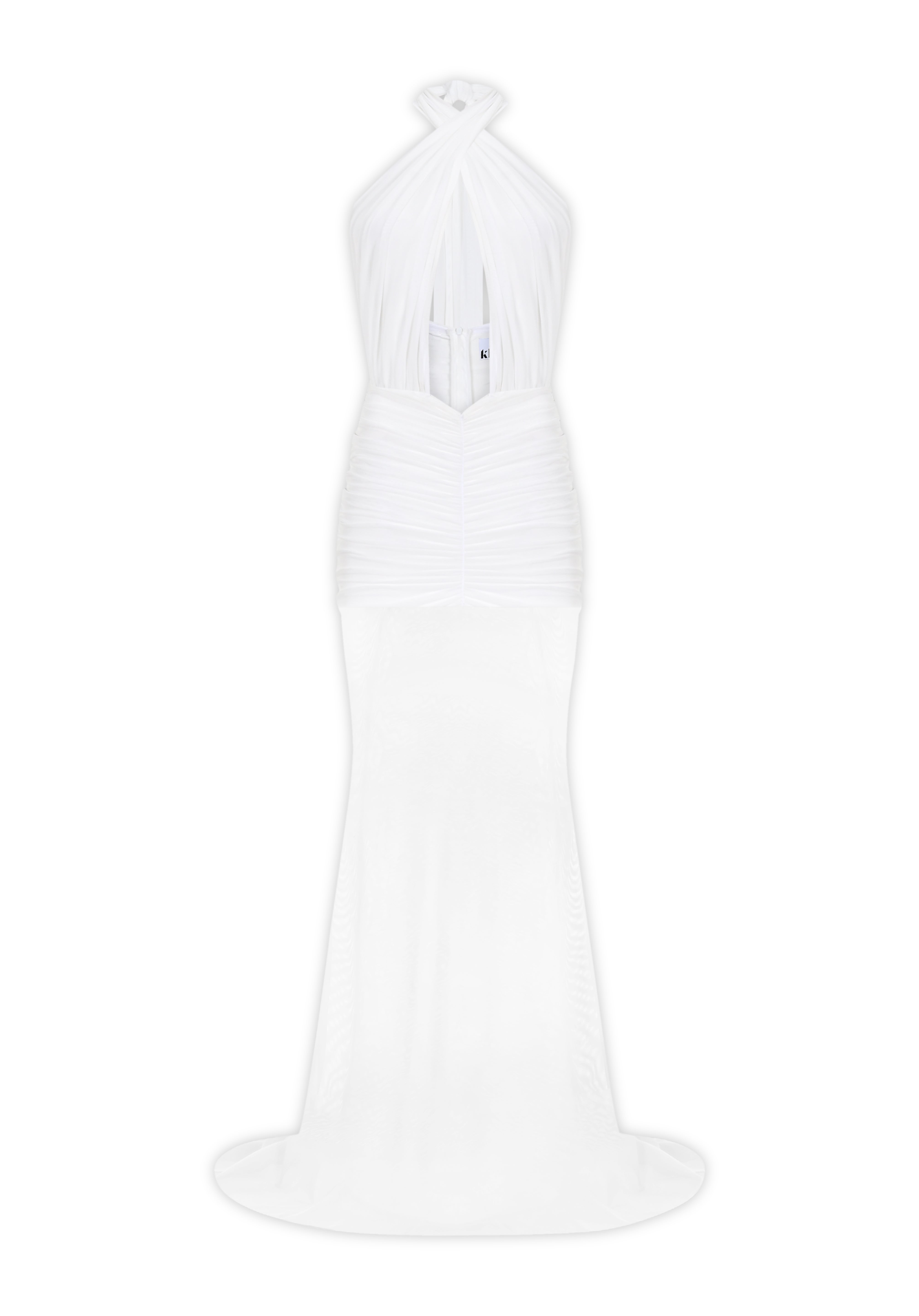 Beyaz tül kumaş büzgü detaylı göğüs dekolteli transparan maksi elbise