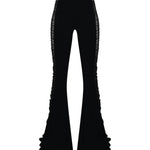 Siyah esnek örme kumaş tül büzgü detaylı ispanyol paça pantolon