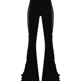 Siyah esnek örme kumaş tül büzgü detaylı ispanyol paça pantolon