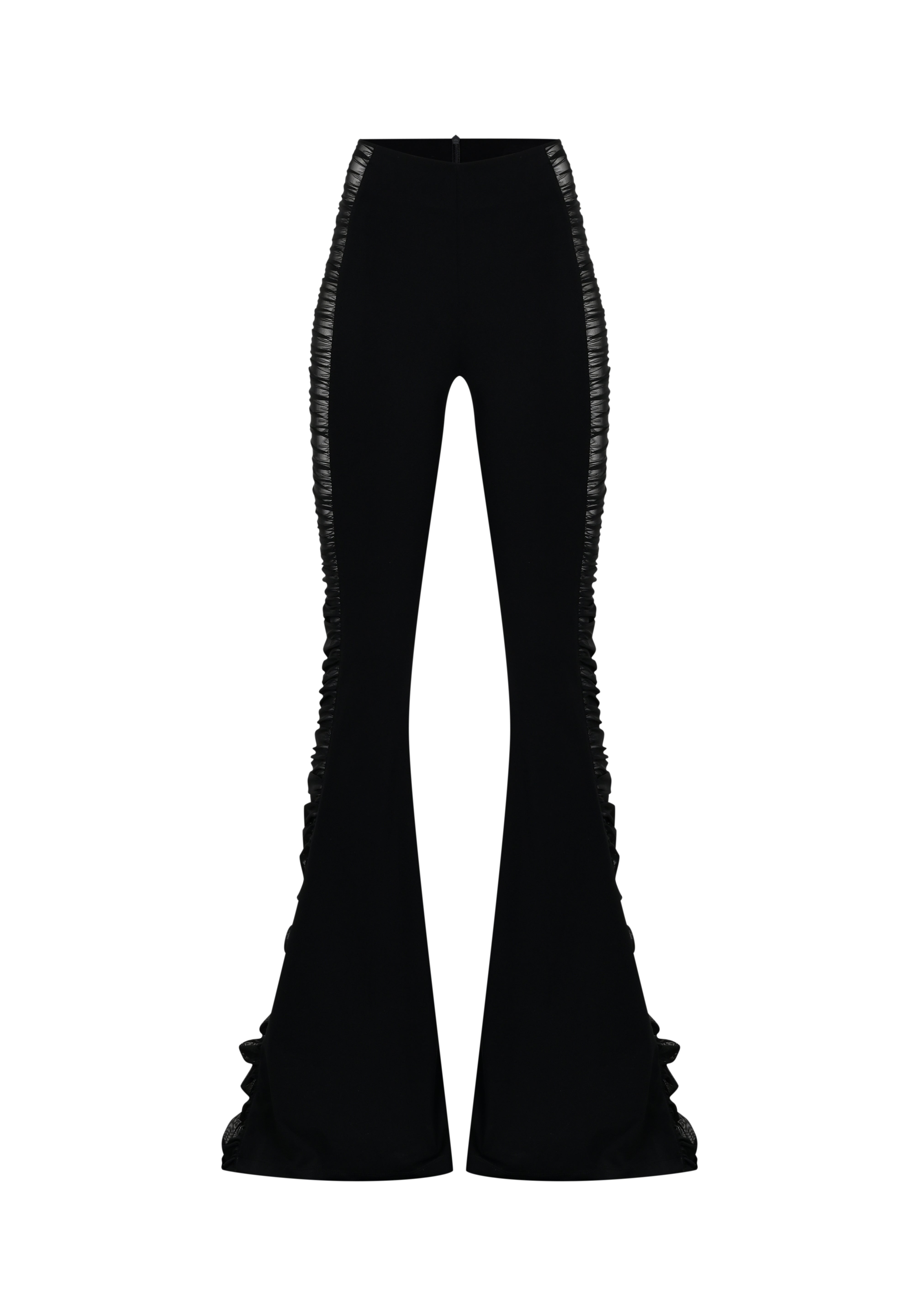 Siyah esnek örme kumaş tül büzgü detaylı ispanyol paça pantolon