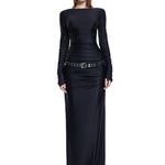 Khela siyah kayık yaka drape detaylı yırtmaçlı  maksi elbise