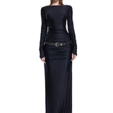 Khela siyah kayık yaka drape detaylı yırtmaçlı  maksi elbise