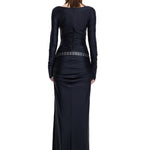 Khela siyah kayık yaka drape detaylı yırtmaçlı  maksi elbise