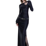 Khela siyah kayık yaka drape detaylı yırtmaçlı  maksi elbise