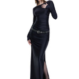 Khela siyah kayık yaka drape detaylı yırtmaçlı  maksi elbise