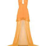 Turuncu çıkarılabilir tül detaylı drapeli mini elbise