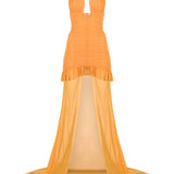 Turuncu çıkarılabilir tül detaylı drapeli mini elbise