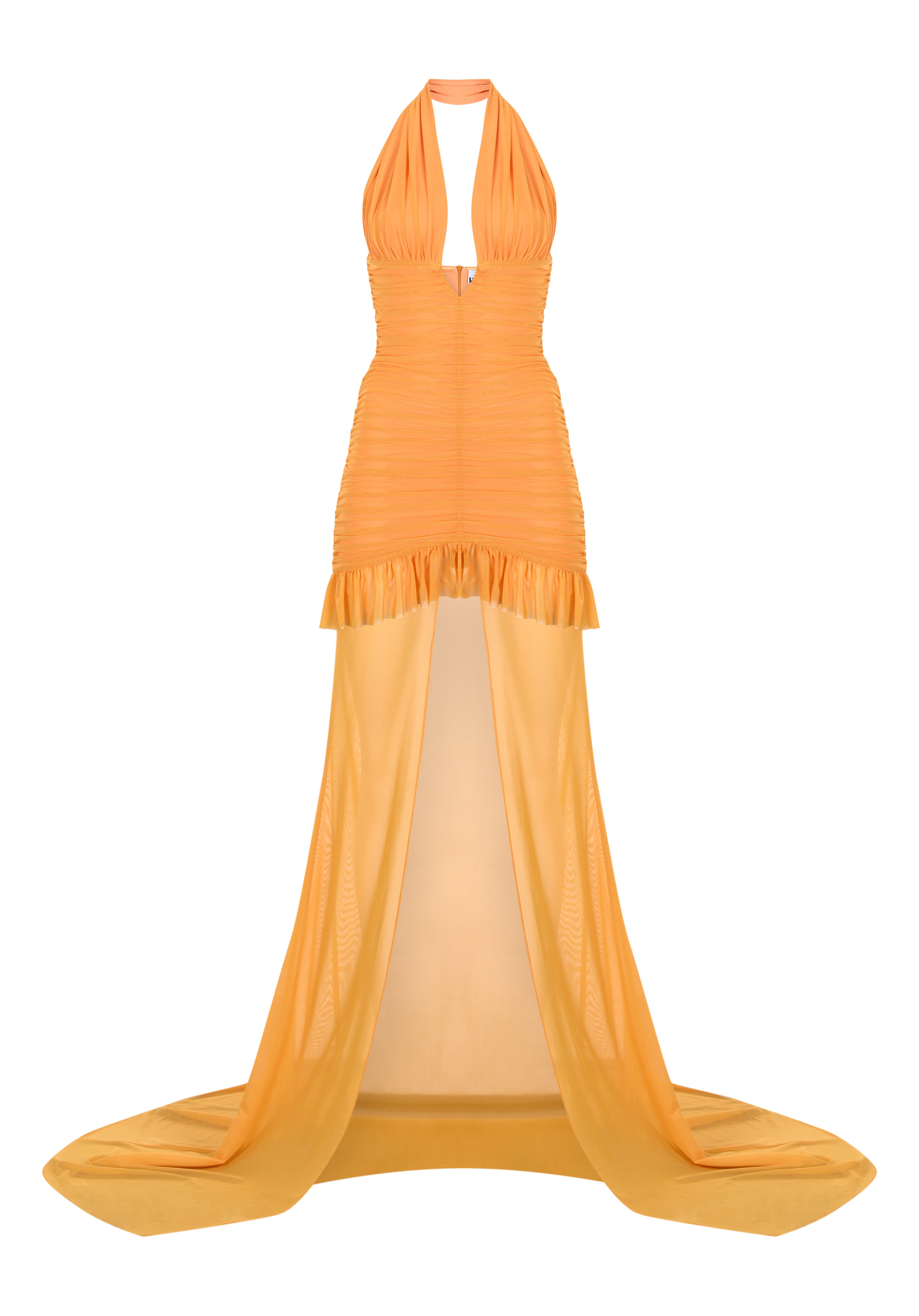 Turuncu çıkarılabilir tül detaylı drapeli mini elbise