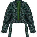 Yeşil desenli kruvaze detaylı kemerli ceket