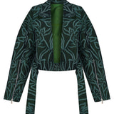 Yeşil desenli kruvaze detaylı kemerli ceket