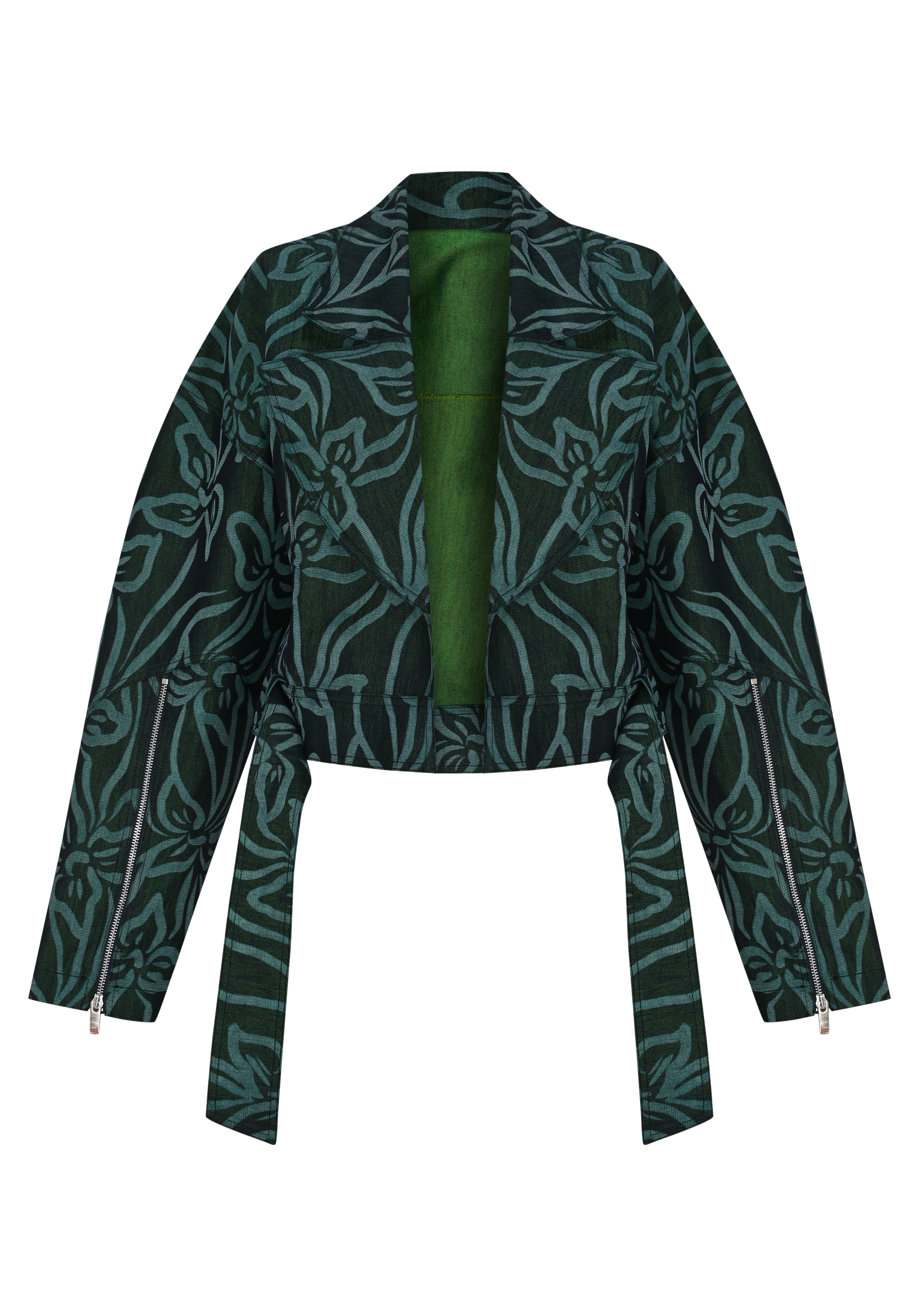 Yeşil desenli kruvaze detaylı kemerli ceket