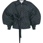 Mavi asimetrik kemerli bomber büyük beden kalıp ceket.