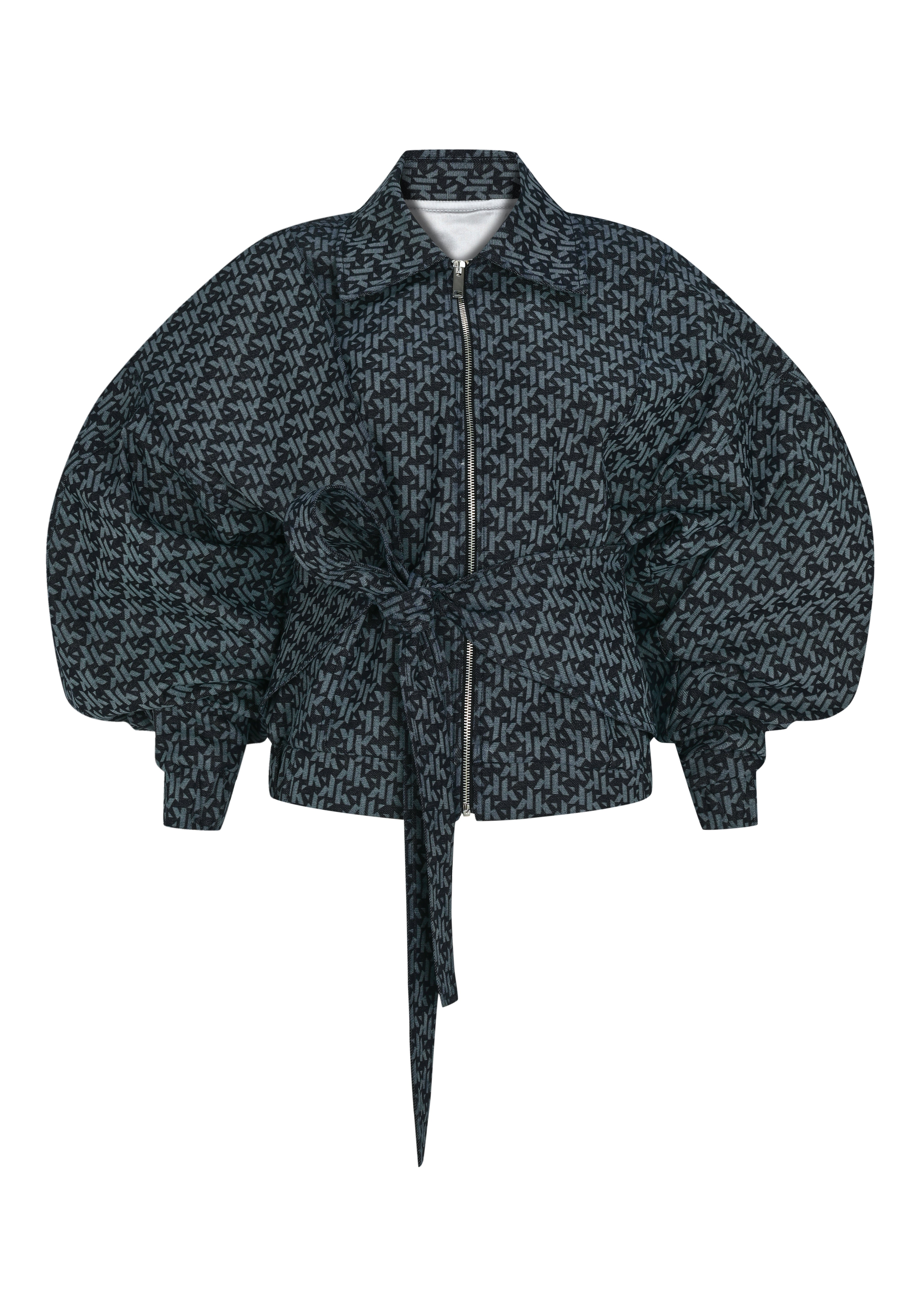 Mavi asimetrik kemerli bomber büyük beden kalıp ceket.