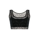 Siyah çiçek desenli ve boncuklu transparan top