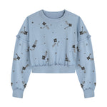 Mavi çiçek boncuk işlemeli overize sweatshirt