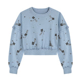 Mavi çiçek boncuk işlemeli overize sweatshirt