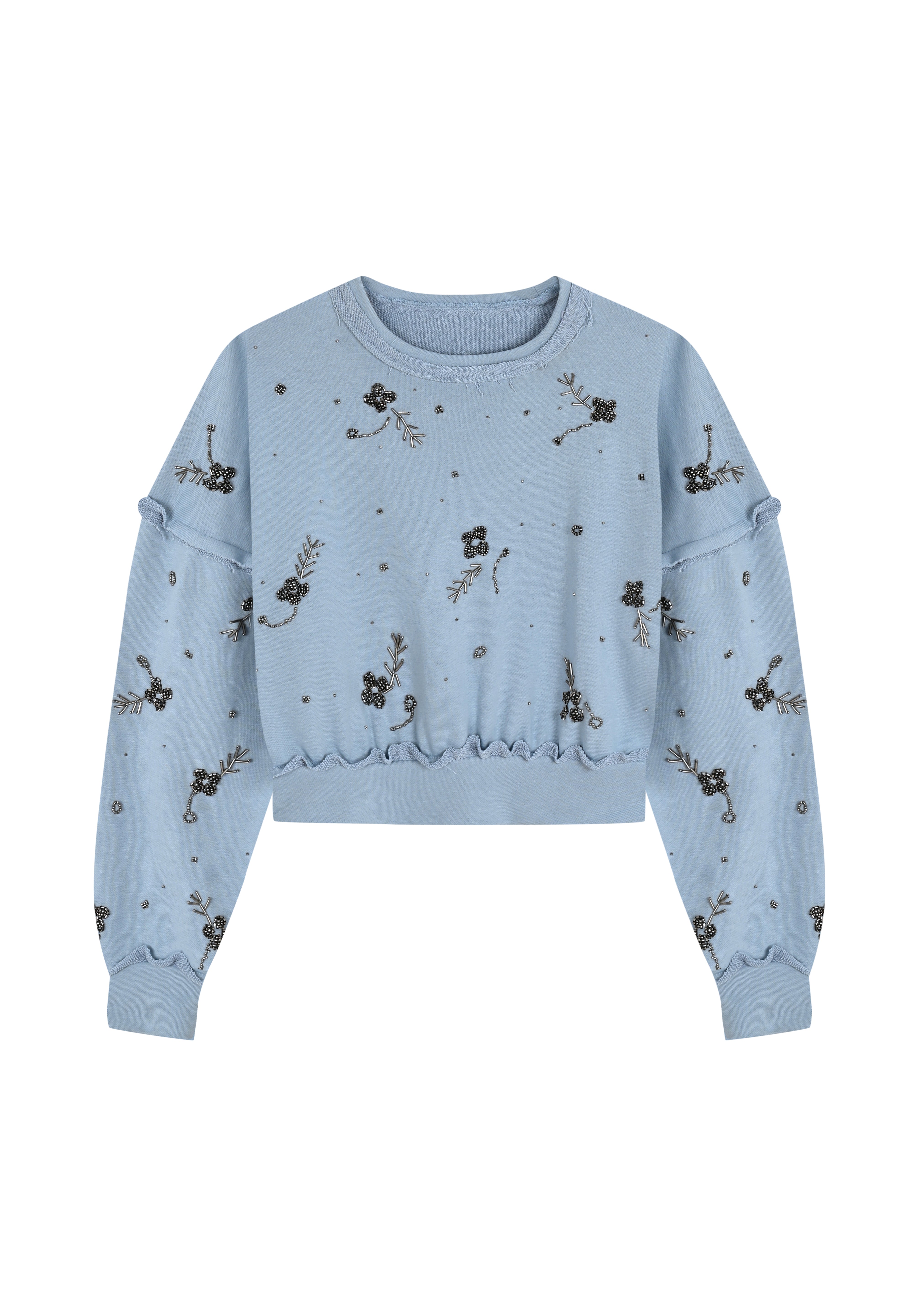 Mavi çiçek boncuk işlemeli overize sweatshirt