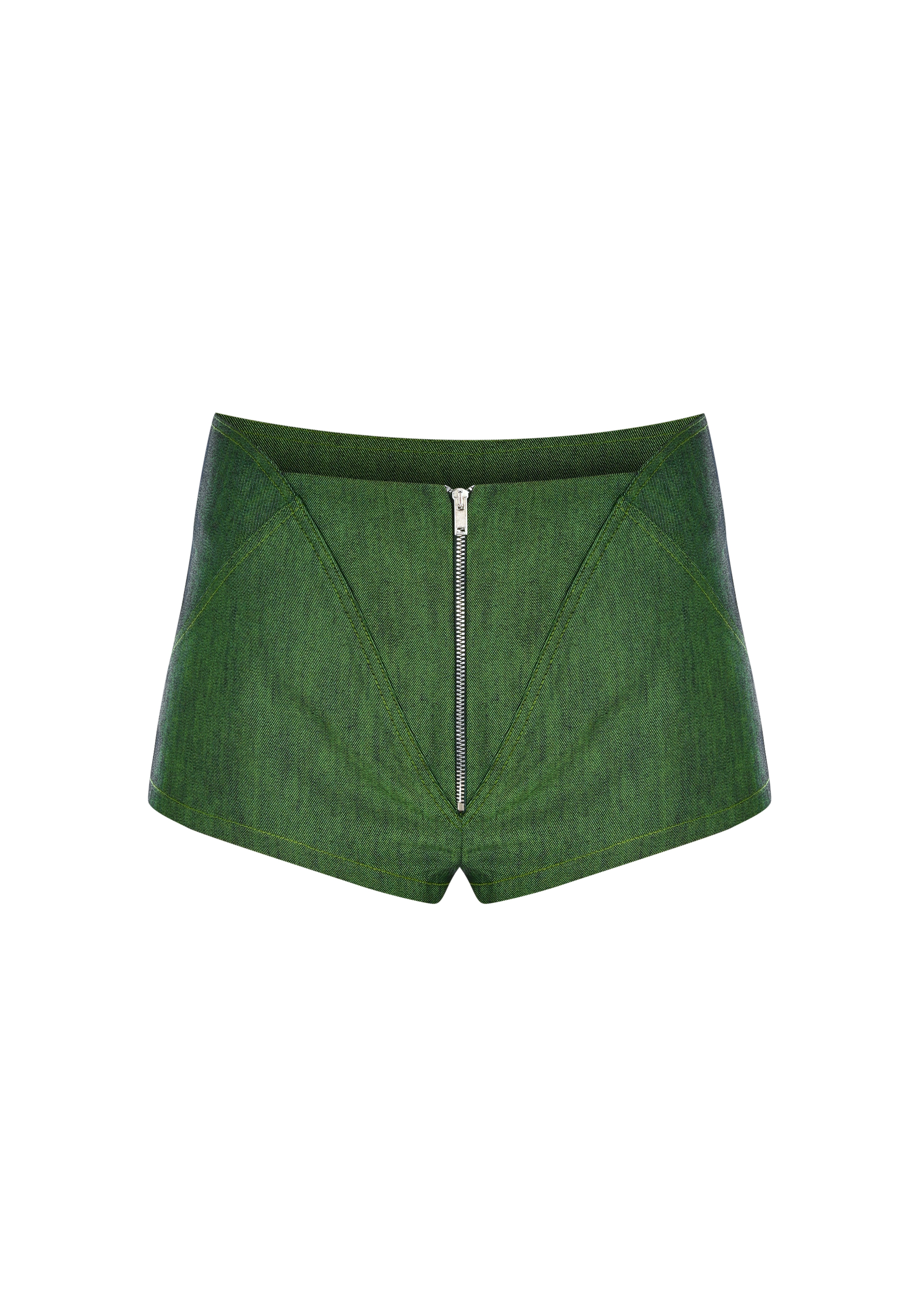 Yeşil denim fermuarlı mini şort