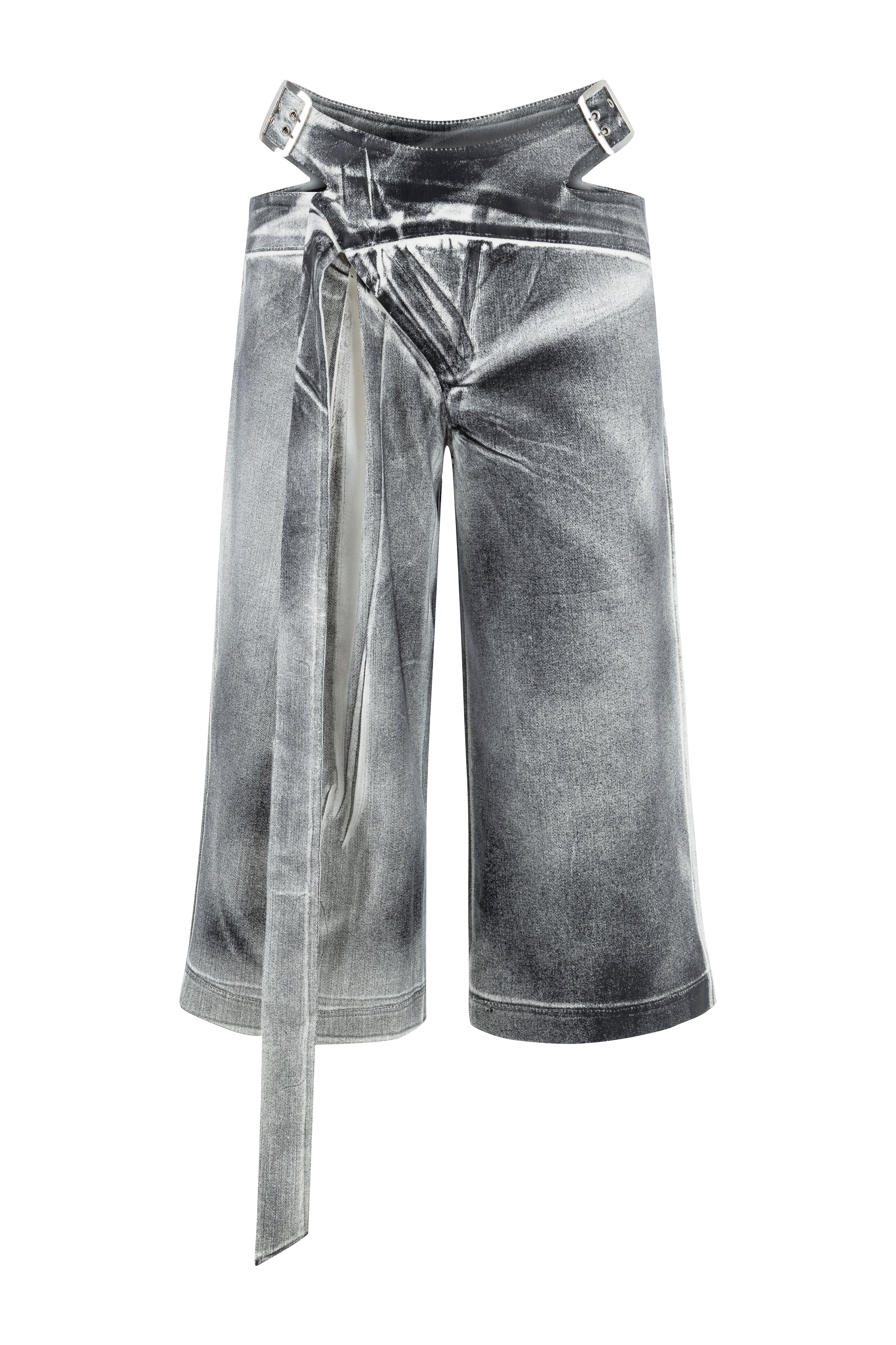 Khela bel dekolteli demir tokalı gri denim bermuda