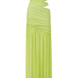 Lime rengi büzgü detaylı bel dekolteli maksi straplez elbise