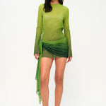 Yeşil degrade tül uzun kollu asimetrik etekli mini elbise