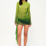 Yeşil degrade tül uzun kollu asimetrik etekli mini elbise