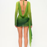 Yeşil degrade tül uzun kollu asimetrik etekli mini elbise