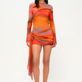 Turuncu degrade tül uzun kollu asimetrik etekli mini elbise